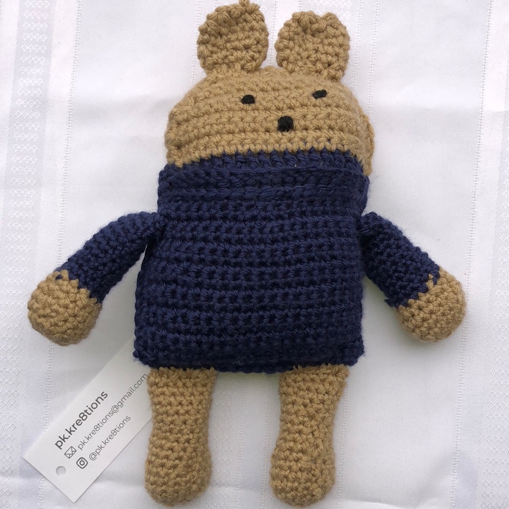 Handmade Crochet Bunny Navy Tan 11 1/2 “